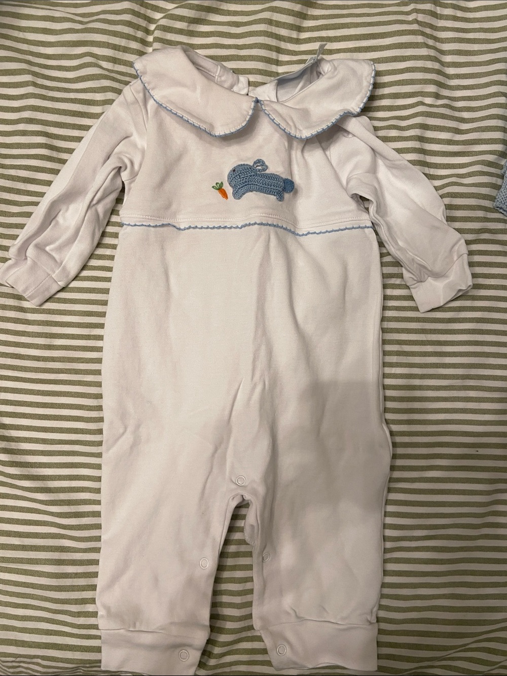 Little English White Footie with Blue Embroidered Bunny